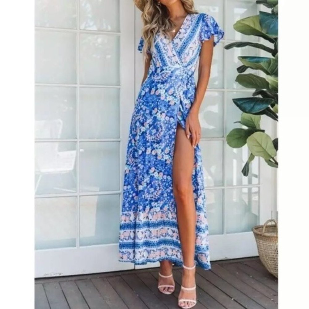 Blue Floral Wrap Maxi Dress